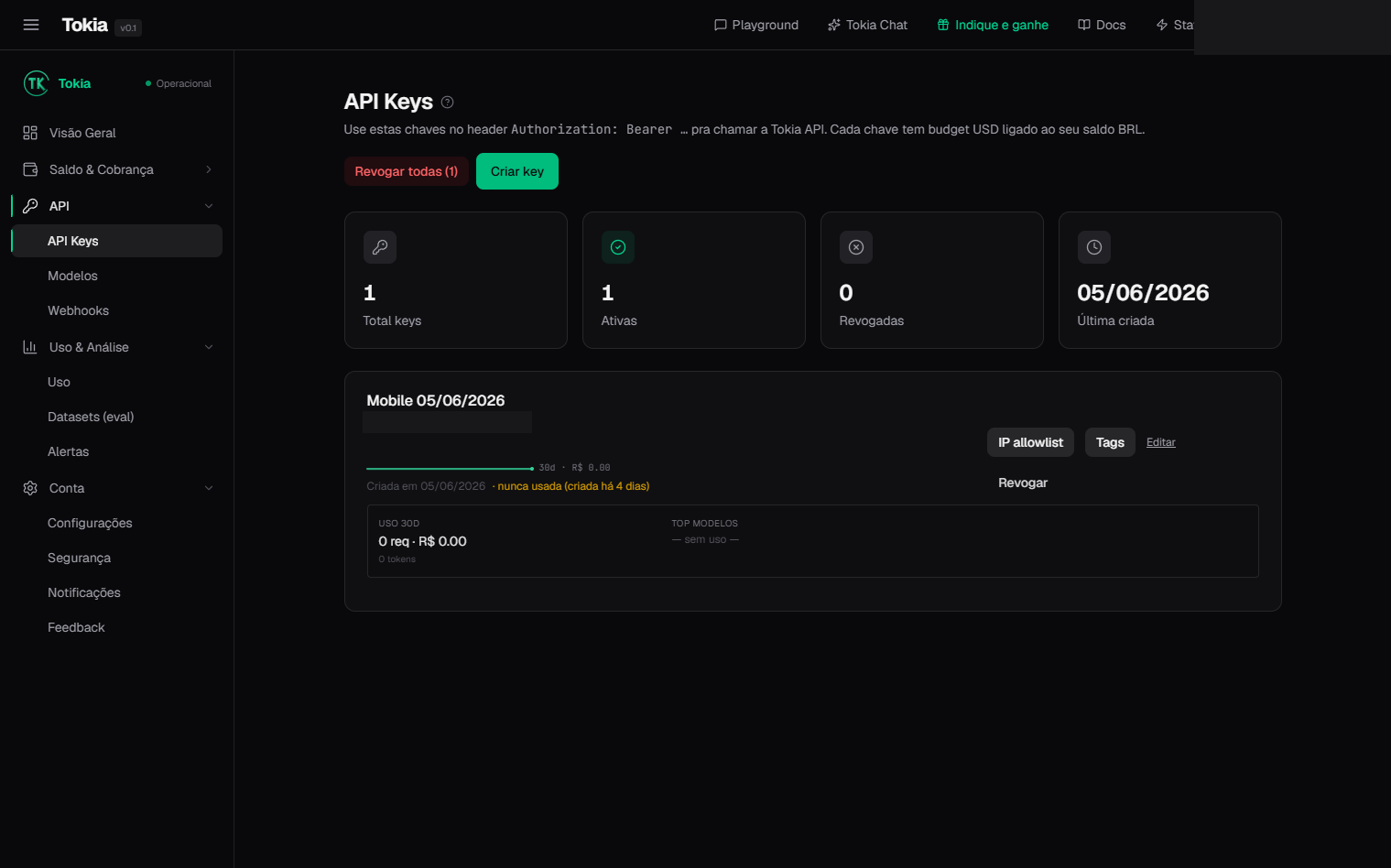 Lista de API keys vazia