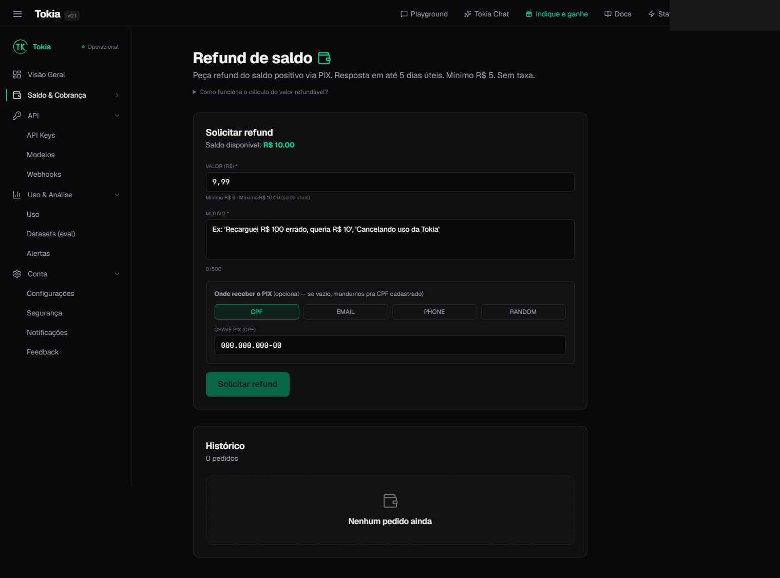 Tela de reembolsos (self-serve)